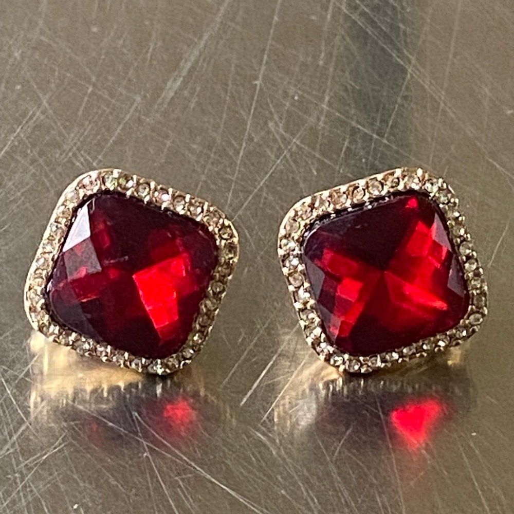 TJG signed Square Red Crystal Gold Stud Earrings